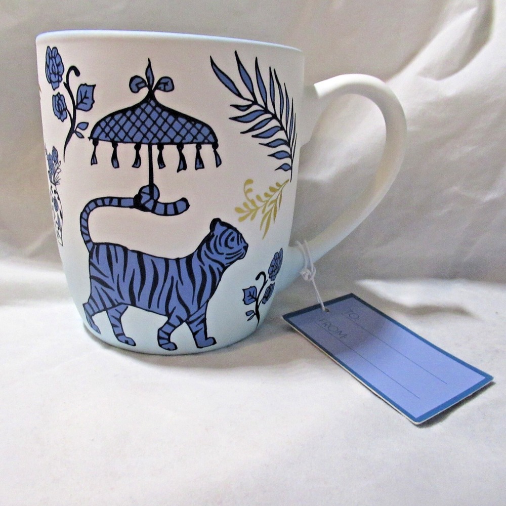 Luna &Sage Mug Blue Tiger  Parasol   4" Tall Brand New/Tag Asian theme gold blue